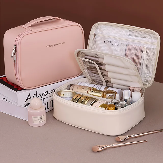 Trousse de maquillage Double couche en cuir PU, sacs à cosmétiques de grande capacité, organisateur de cosmétiques de luxe, essentiels de voyage pour femmes 1
