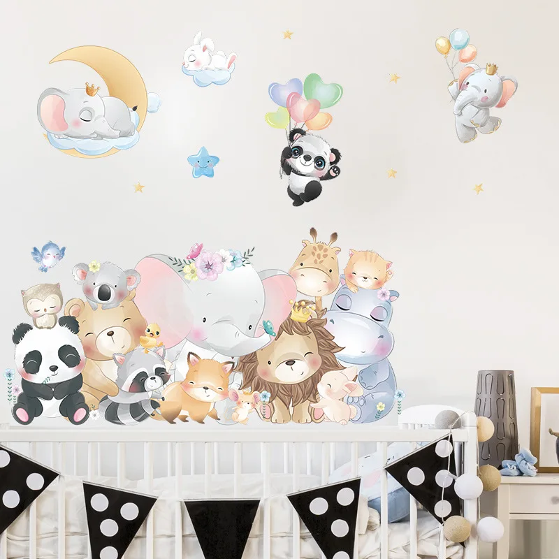 Kawaii Animals Cartoon Wall Stikers for Baby Room Decoration Hippo Lion Panda Bedroom Livingroom Wall Decor Accessories Decals