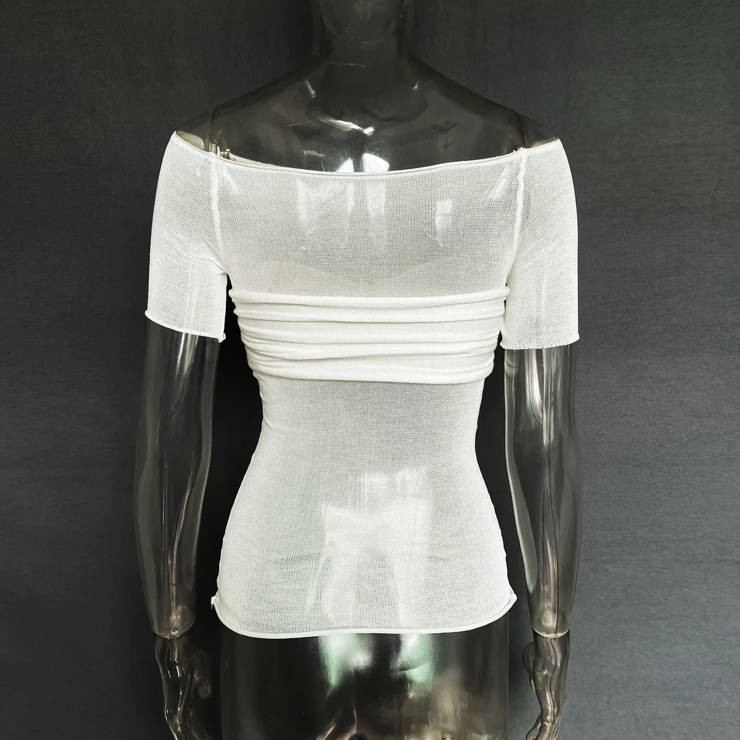 Short Sleeve Mesh Top Shirt For Women Off-Shoulder See-Through Knit Sexy Pullover Summer Sheer New 2025 Ladies T-shirt
