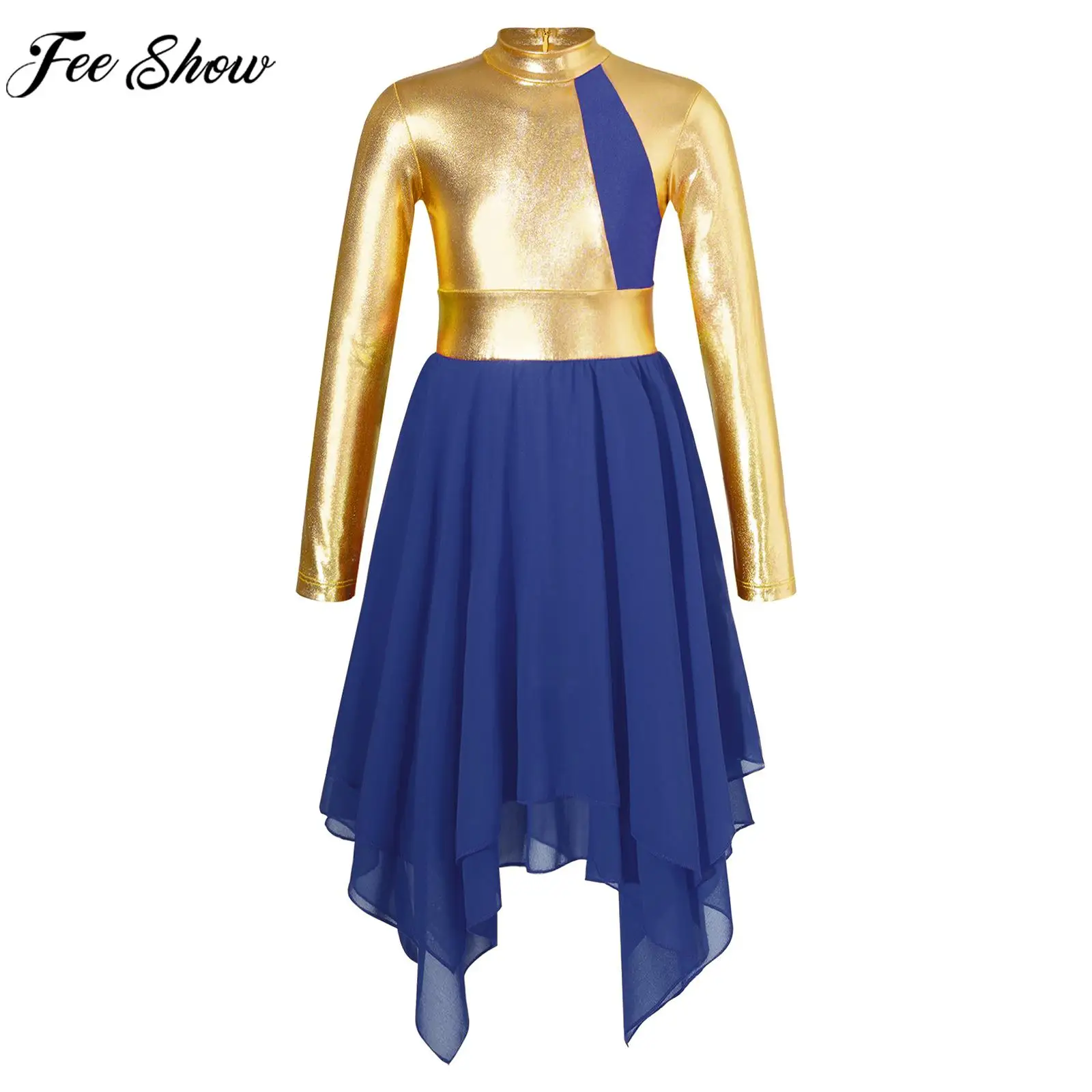 

Children Girls Modern Lyrical Dance Dress Long Sleeve Bronzing Cloth Irregular Hem Dress Dancewear for Waltz Ballroom Choir Prom