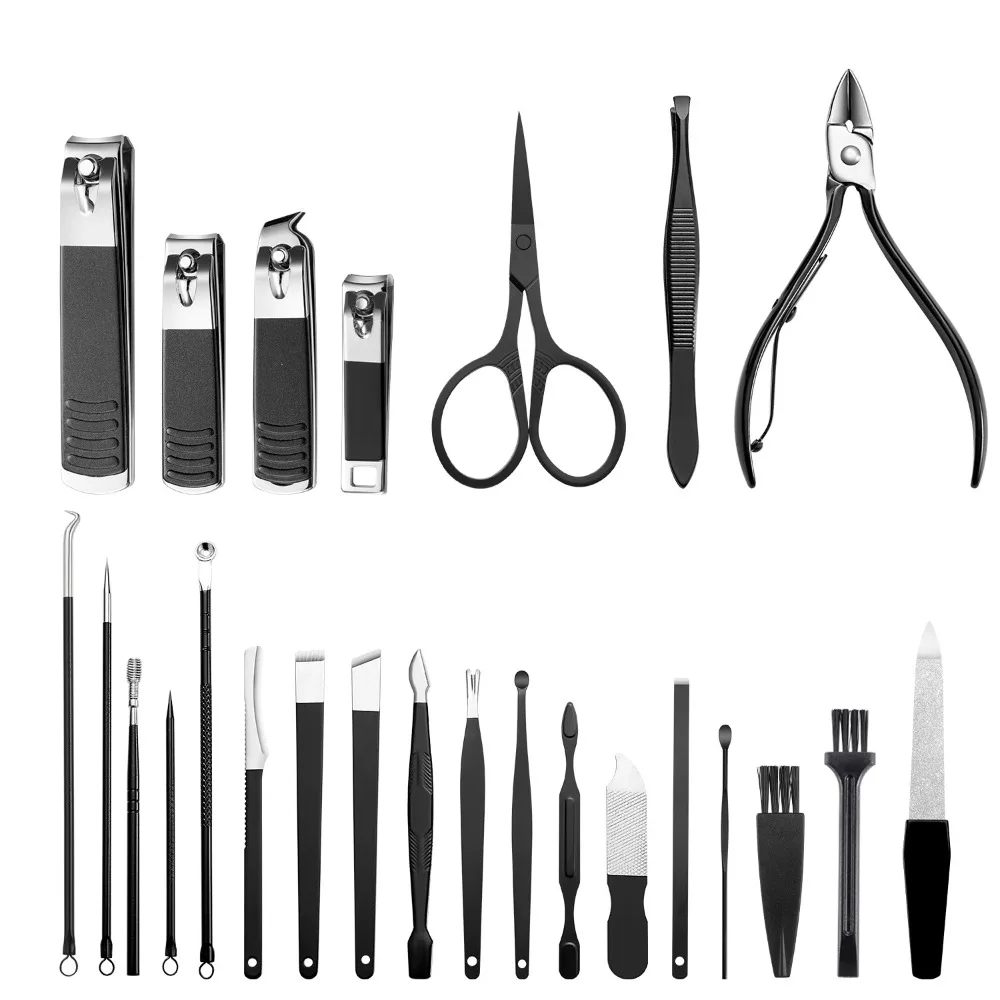 13/24개 미끄럼 방지 디자인 스테인리스 스틸 손톱깎이 세트 PU 케이스 포함 날카로운 날, 블랙 매니큐어 세트, 어린이용 손톱 다듬기 세트