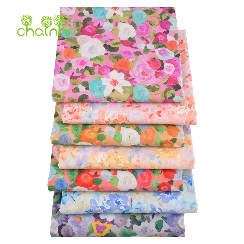 Chainho,Printed Plain Weave Poplin Cotton Fabric,DIY Quilting Sewing Material,Patchwork Cloth,Floral Series,2 Sizes,15PC216