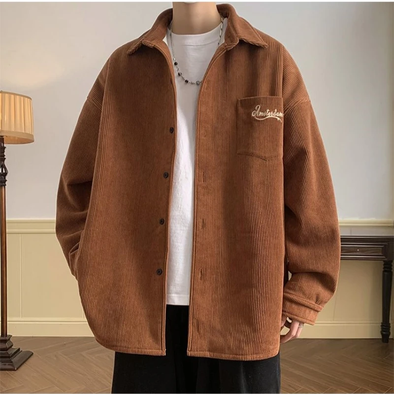 Spring Fashion Men's Casual T-Shirt Loose Soft Versatile Tops Button Corduroy Jacket Coat Cool Boys Solid Print Letter Pocket