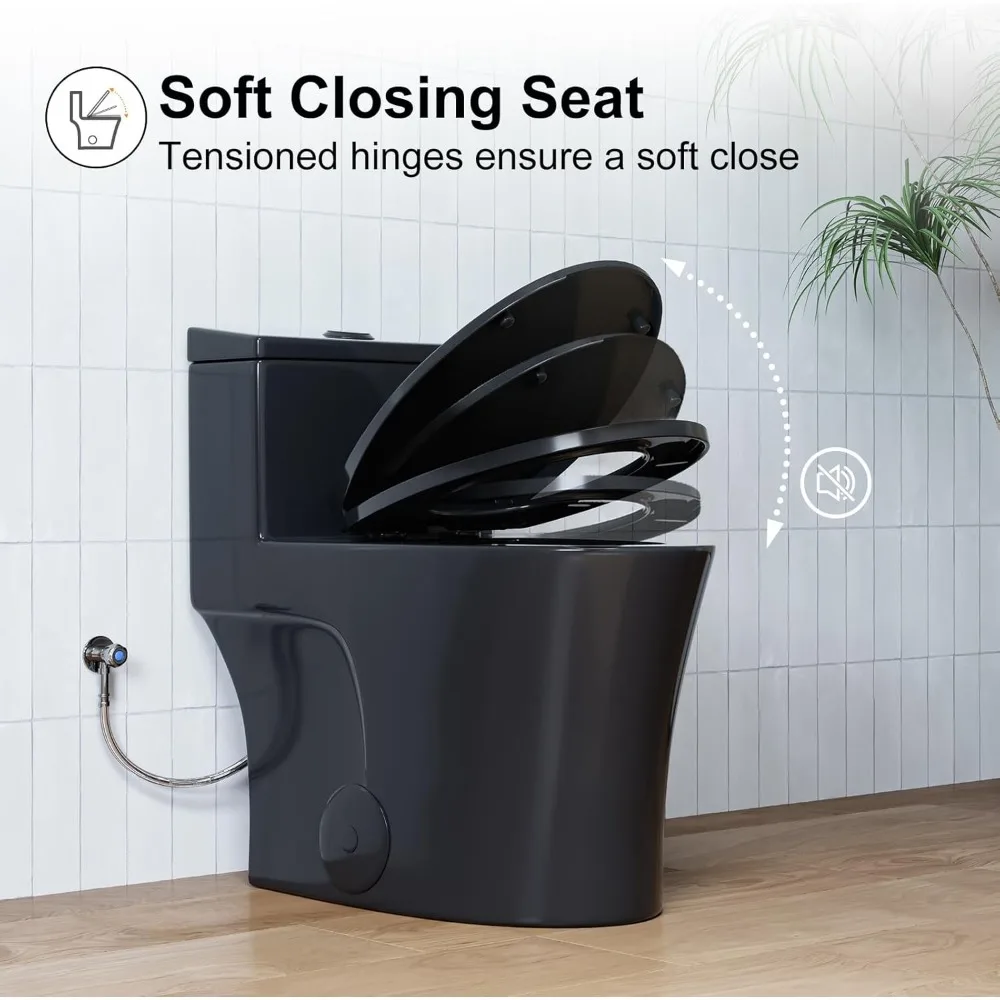 Elongated One Piece Toilet 10" Rough-in, Matte Black Toilets, Powerful Dual Flush Modern Toilet 6