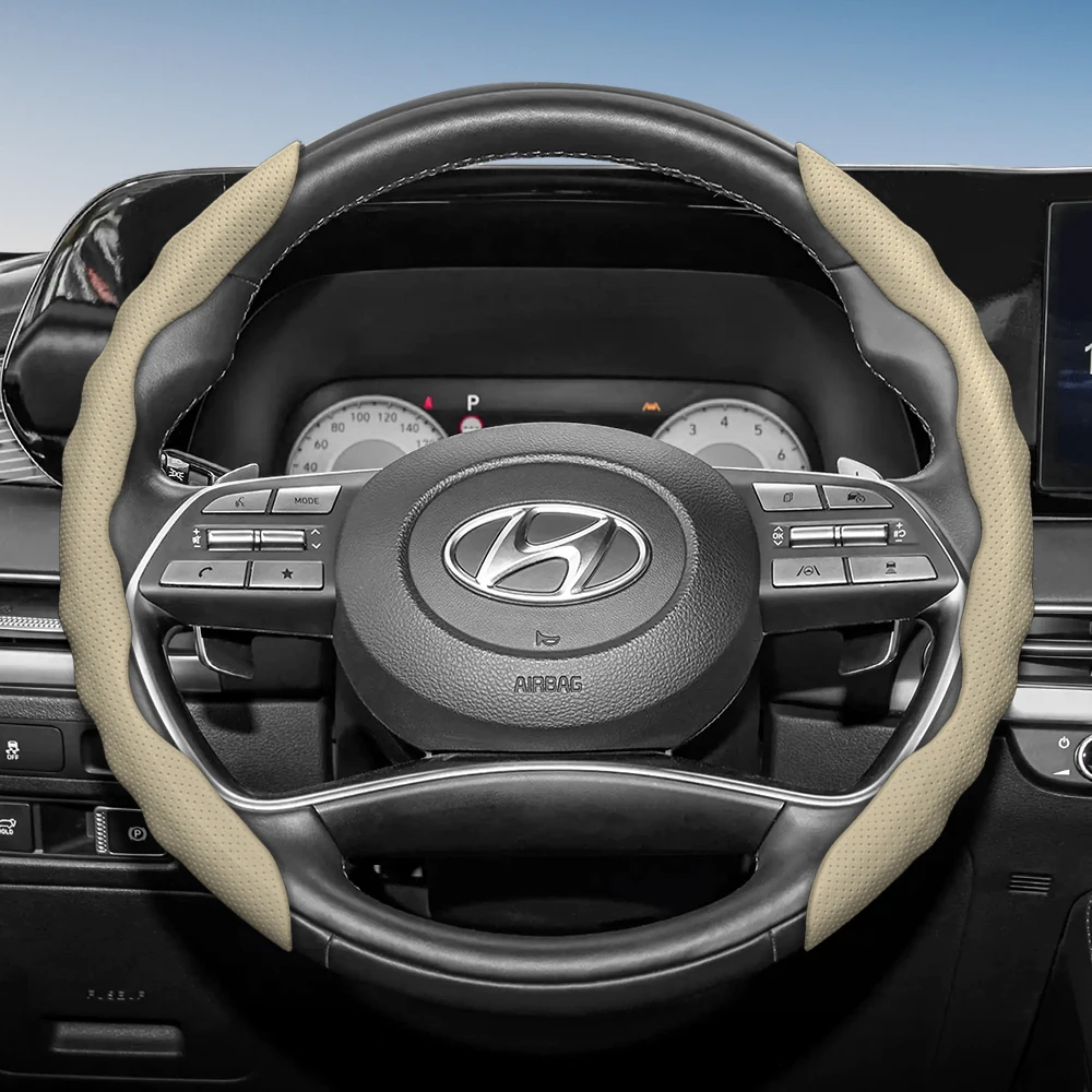 Steering Wheel Cover with Wavy Sports Design - Breathable Leather, Segmented Anti-Slip, Sweat-Absorbing Protective Cover