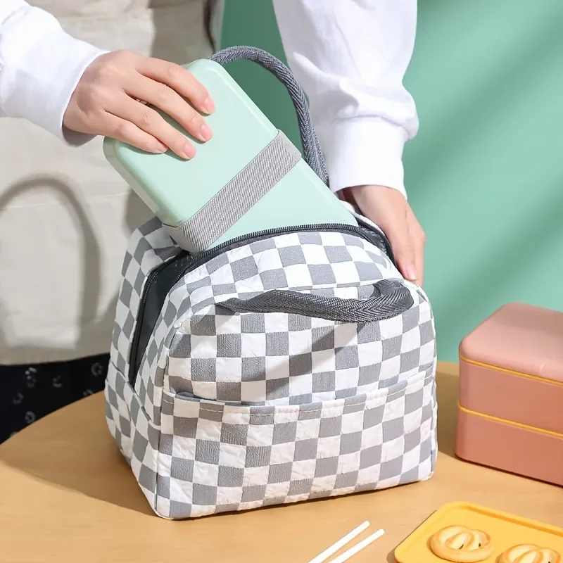 1pc Checkered Insulated Lunch Bag, Waterproof Picnic Bag, Ice Bag, Large  Capacity Lunch Box Bag
