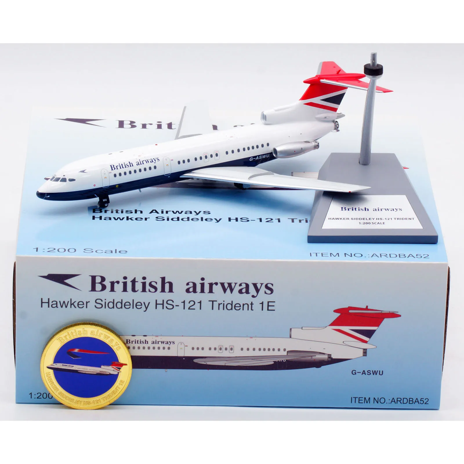 

ARDBA52 Alloy Collectible Plane Gift ARD 1:200 BRITISH AIRWAYS Hawker HS-121 Trident 1E Diecast Aircraft Jet Model G-ASWU & Coin