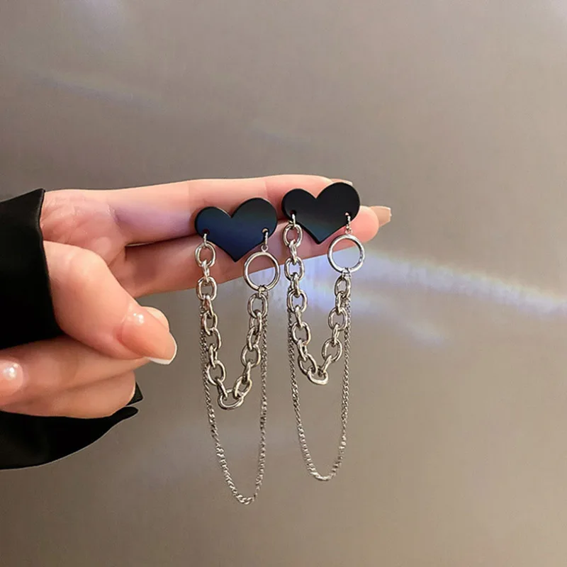 Hip Hop Black Heart Tassel Chain Earrings For Women Korean Brincos Femme Jewelry Streetwear Fashion,crystal tassel earrings,dangle earrings