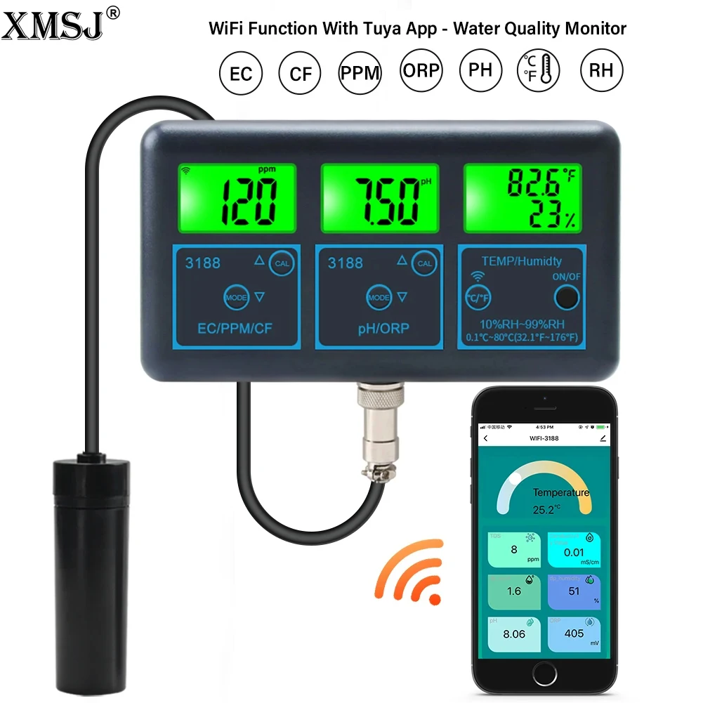 

WiFi Tuya Smart Monitor Fish Tank Aquarium SPA Pool Online Water Quality Meter PH ORP EC PPM CF Humidity TEMP Tester ATC