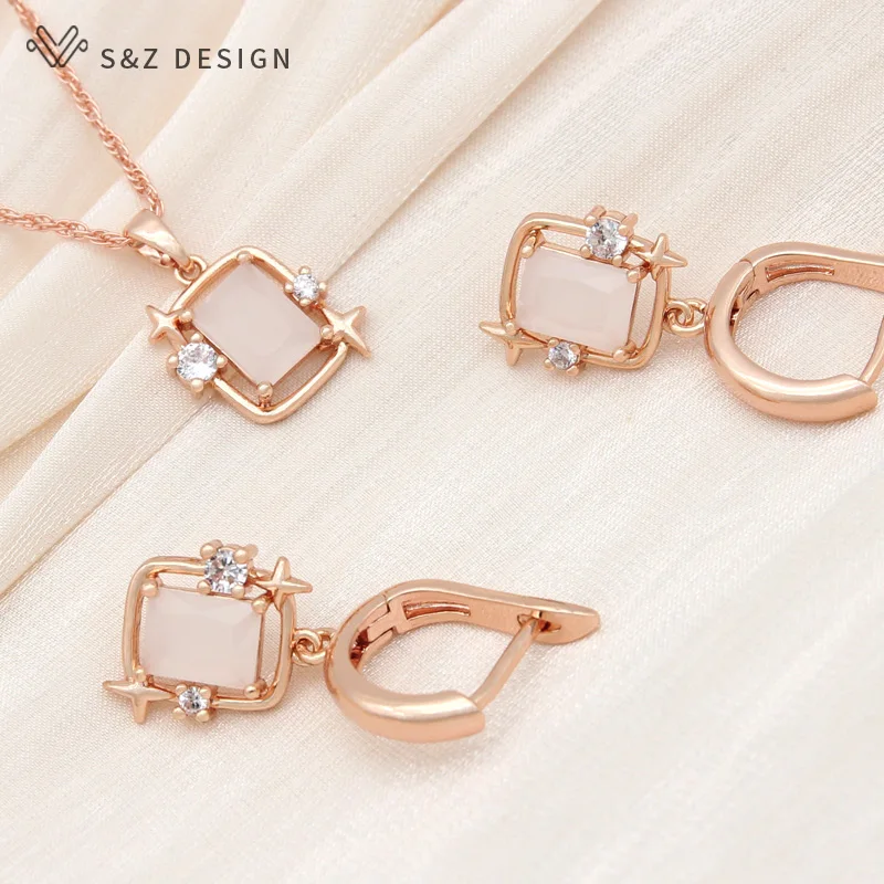 S&Z DESIGN New Fashion Rectangle Crystal Jewelry Sets 585 Rose Gold Color Drop Earrings For Women Trendy Pendant Necklace Gift