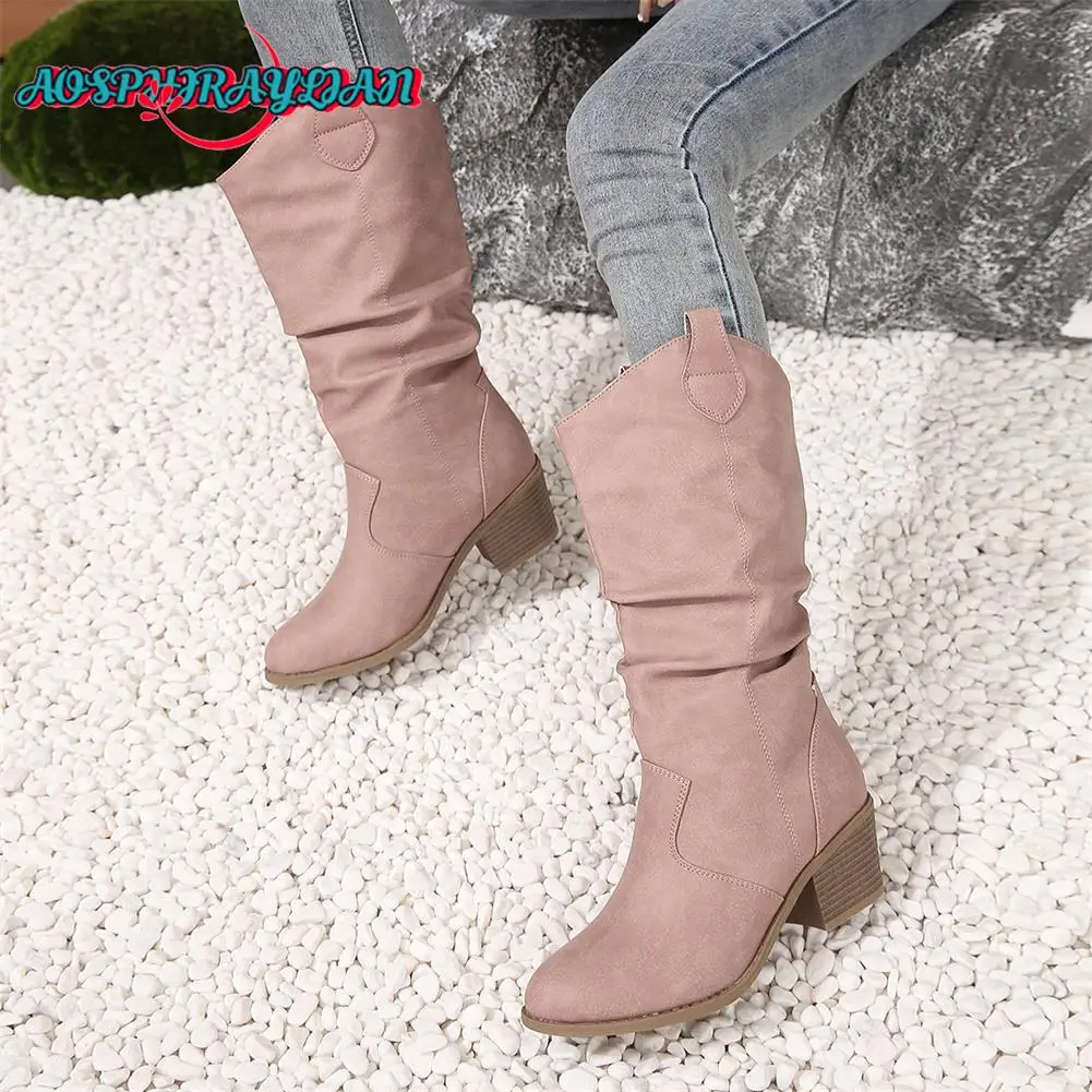 New Ladies Mid-Calf Boots Fashion Slip-on Chunky High Heels women's Western Cowboy Boots Casual Party Vintage Retro Shoes Woman