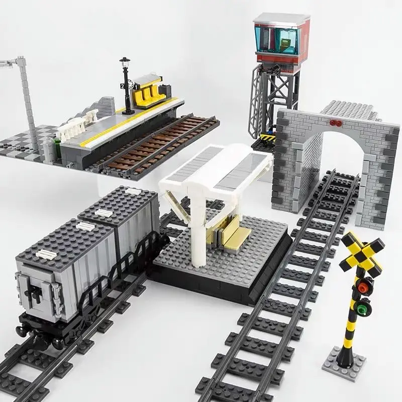 Moc Urban Vintage Train Car Building Blocks Container Merci Treno Trasporto Auto Piattaforma Treno Fai Da Te Semaforo Scena Puzzle