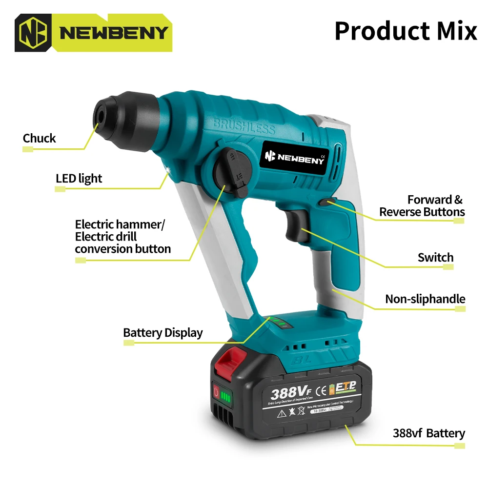NEWBENY 10mm Mini Brushless Electric Hammer Drill 2 Modes Cordless Efficient Impact Drill Power Tools For Makita 18V-21V Battery 3