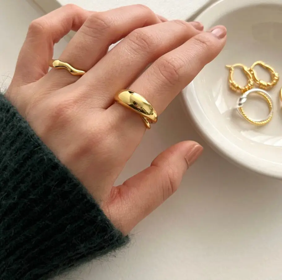Silver Rings Silver Ring PANJBJ 925 Sterling Silver Wide Smooth Ring for Women Girl Irregular Simple Fashion Adjustable Jewelry Gift