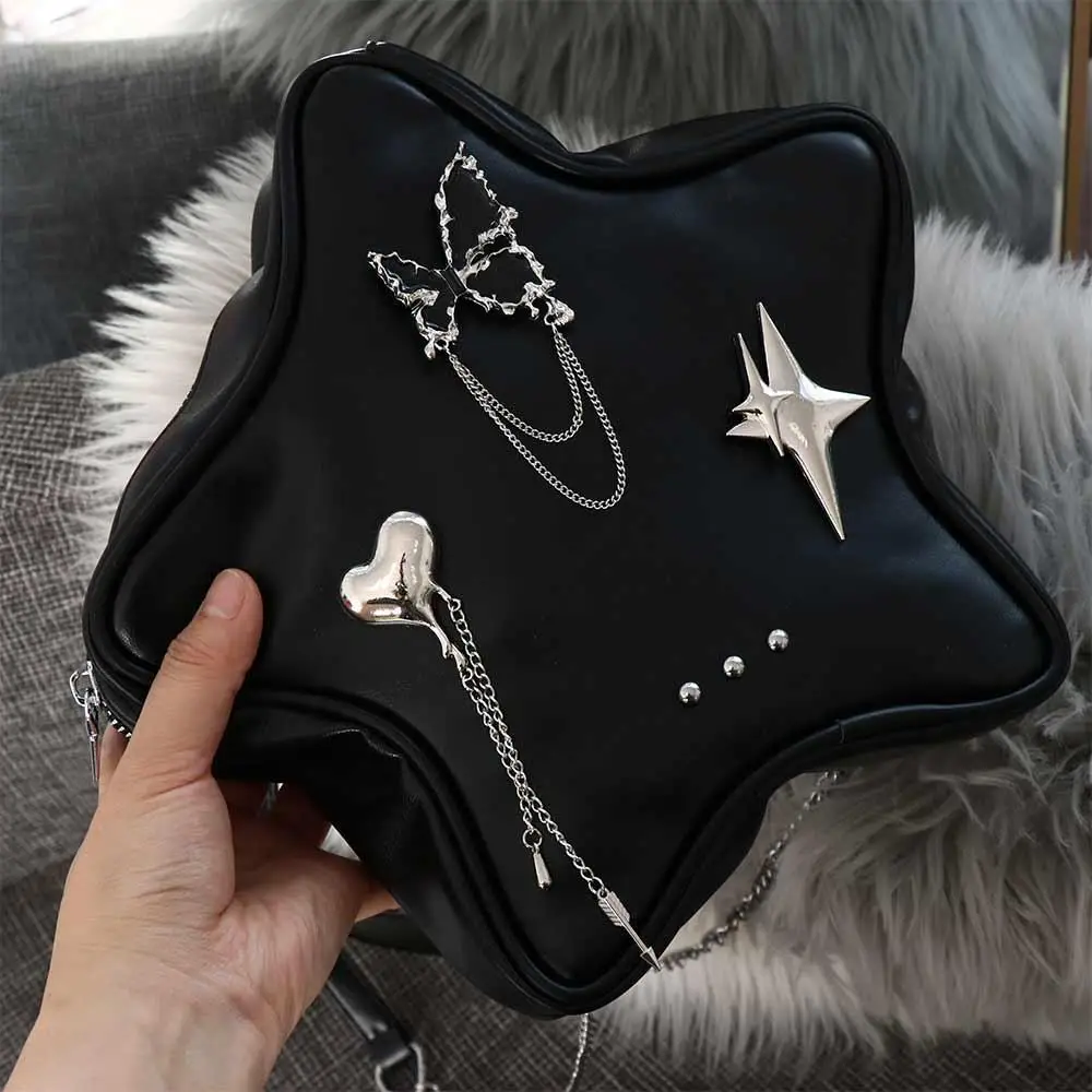 Butterfly Star Backpack Punk PU Leather Heart Y2k Shoulder Bag Letter Large Capacity Leather School Bag Female/Girls