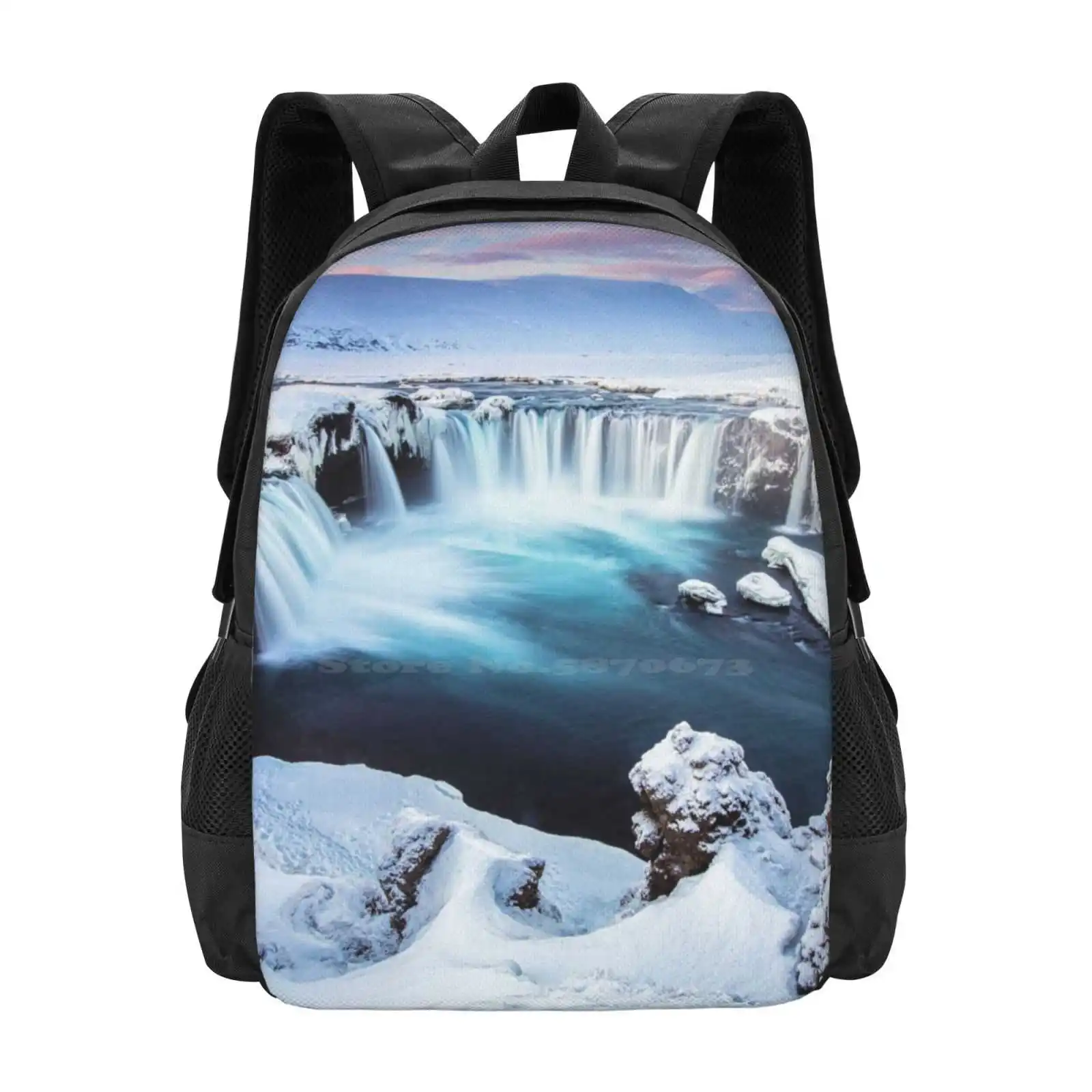 

Godafoss-The Waterfall Of The Gods Pattern Design Bag Student'S Backpack Godafoss Waterfall North Iceland Winter Long Expousre