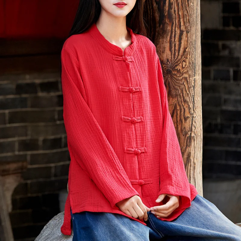 Spring Summer Cotton Linen Retro Zen Stand Collar Buckle Chinese Style Tops Vintage Cardigan Shirt Jacket Hanfu for Women