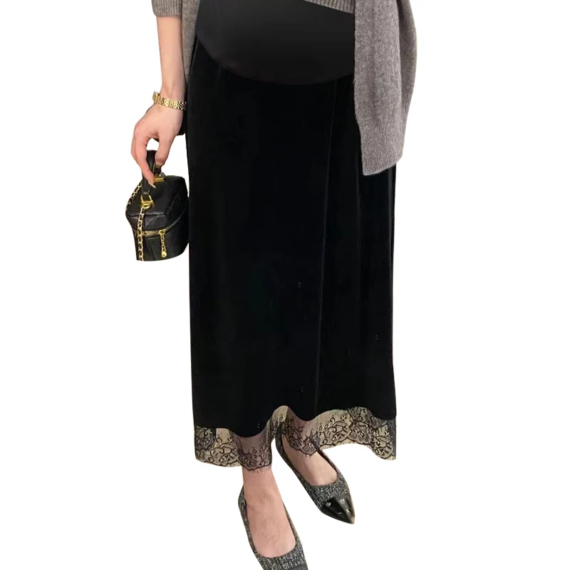 Good Quality Maternity Winter Velour Skirts Lace Hem Patchwork Long Loose Pregnant Woman Black Elegant Belly Skirts for Party