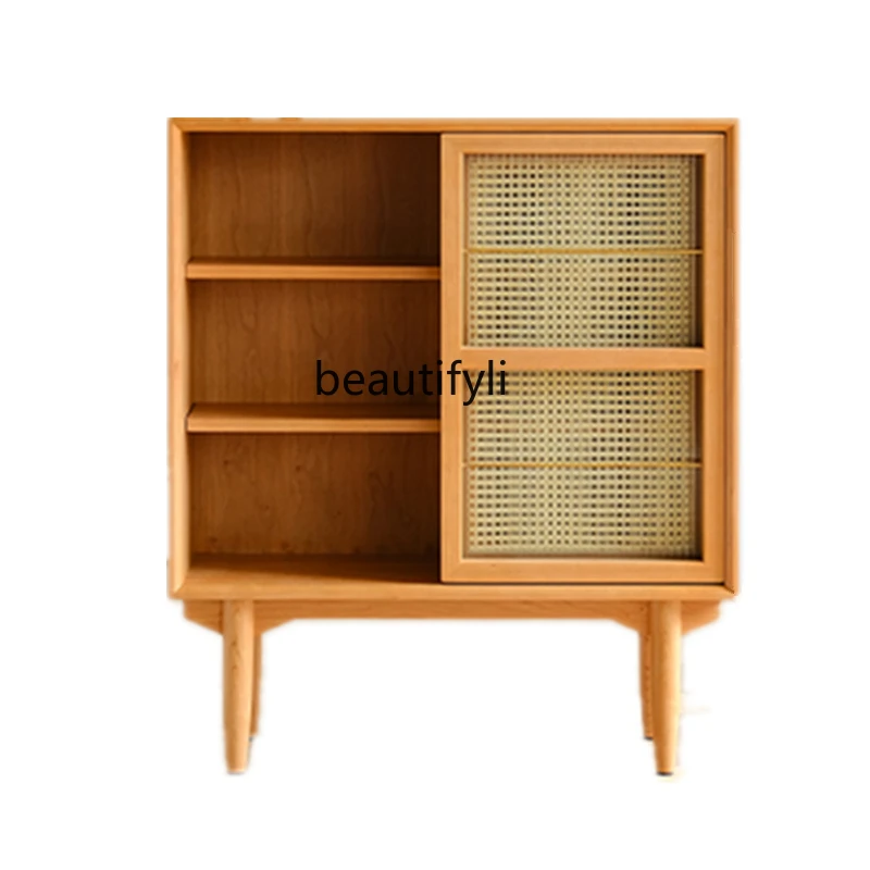

Nordic Modern Solid Wood Sideboard Display Cabinet Chest of Drawers Simple Rattan Glass Cabinet Locker