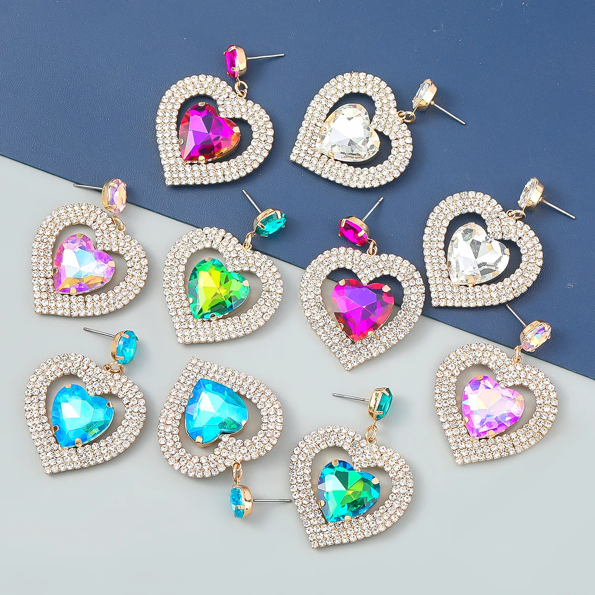 New Trend Double Layer Heart-shaped Rhinestone Earrings Women's Popular Exaggerated Dangle Banquet Jewelry Accessories |