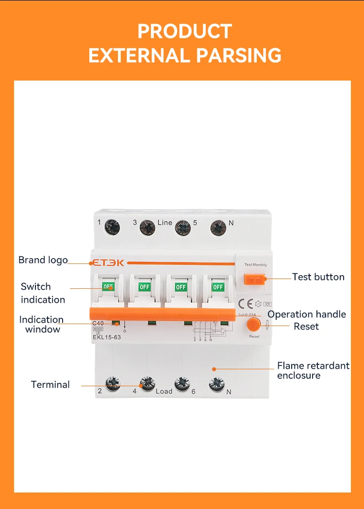 ETEC Low Voltage RCBO 4P(3P+N) 30mA A type RCD Overload Short Current Leakage Pr