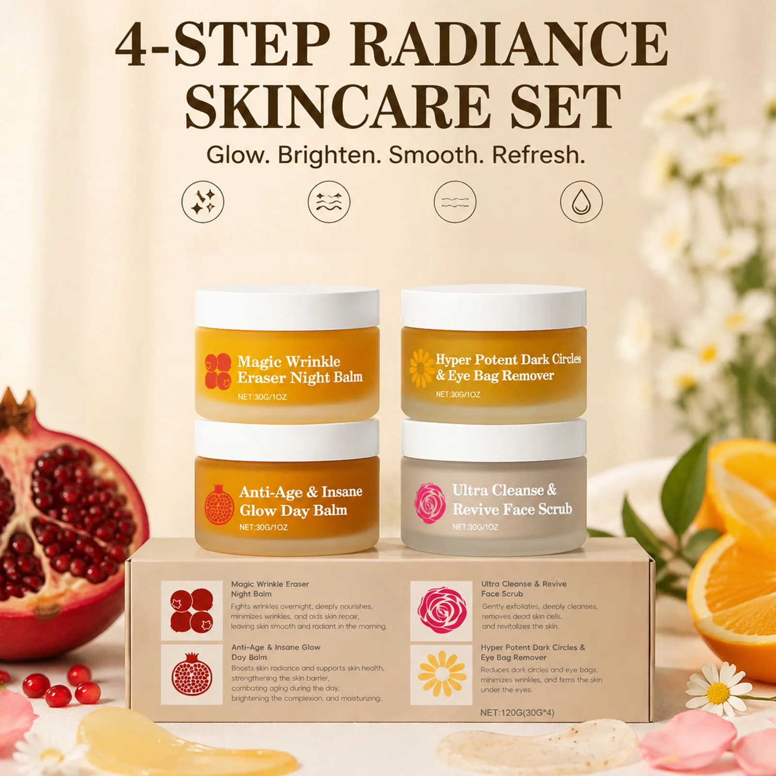Revitalizing 4-in-1 Facial Care Set: Day & Night Balms, Eye Cream, Face Scrub - Perfect for Dull, Rough Skin and Travel