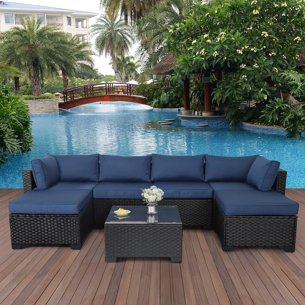 

7 Pieces Outdoor PE Wicker Furniture Set Patio Rattan Sectional Conversation Sofa Set with Cushions and Glass Top Table