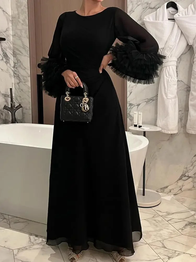 Women Fashion Solid Color Elegant Bridesmaid Dress Spring Flared Sleeve Pleated Party Evening Maxi Dresses maxi dress women evening dress