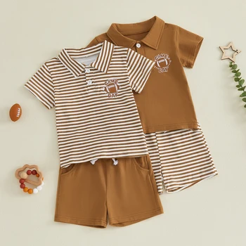 FOCUSNORM 0-4Y Toddler Baby Boys Summer Clothes Sets Adorable Football Embroidery Short Sleeve Tops and Striped Shorts Set