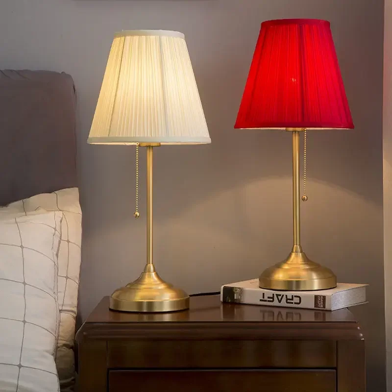 Description Picture 2 of itemModern LED Red Cloth Bedroom Bedside Table Lamps Home Decor Dining Table Lighting Nordic Pull-switch Vintage E27 Study Desk Lamp