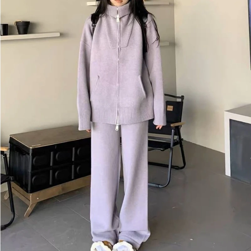 

Autumn Winter Women Knitted Tracksuits Sports Pants 2 Piece Sets Turtleneck Cardigans Tops and Wide Leg Pants Streetwear Suit