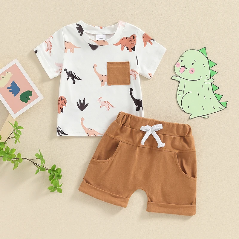 

2024-03-15 Lioraitiin Toddler Baby Boy Summer Outfits, Dinosaur Print Round Neck Short Sleeve Tops + Elastic Waist Shorts Set