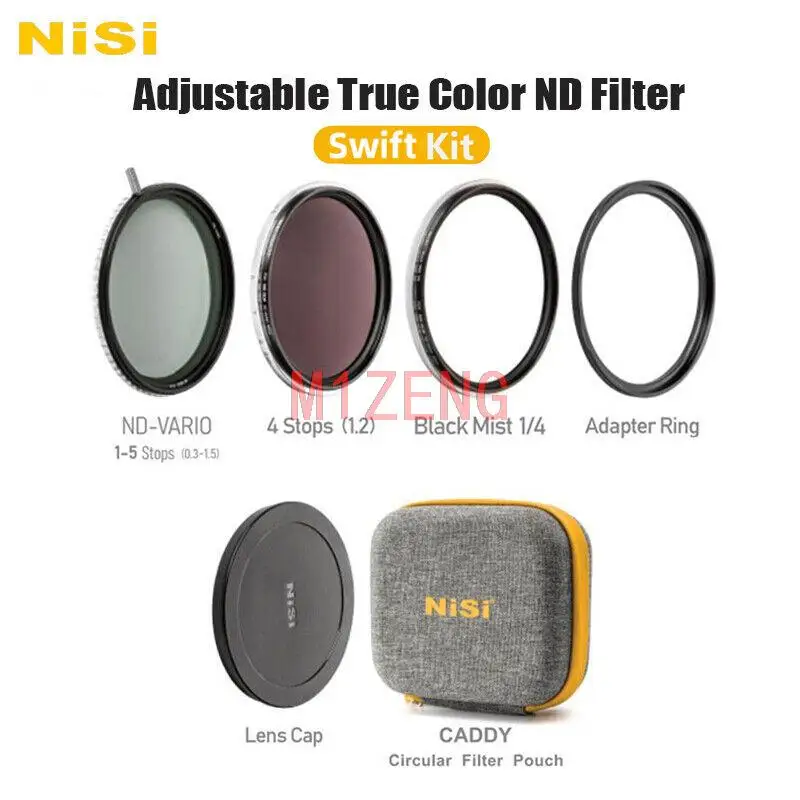 

True Color Variable nd vario 1-5stops+nd16+1/4 black mist+adapter+lens cap+caddy bag for 67 72 77 82 95 camera lens filter