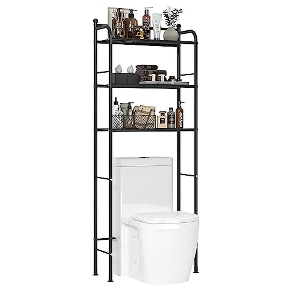 

3-Tier Metal Bathroom Storage Rack Over The Toilet Organizer Shelf Industrial Look Durable Sturdy Construction Black Decor