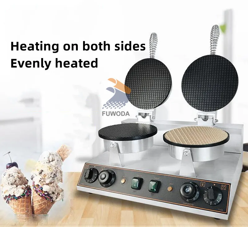 Stainless Steel Double Head Ice Cream Cone Making Machine Ice Cream Maker Electric Waffle Cone Baker Oven Crispy Egg Roll Baking
