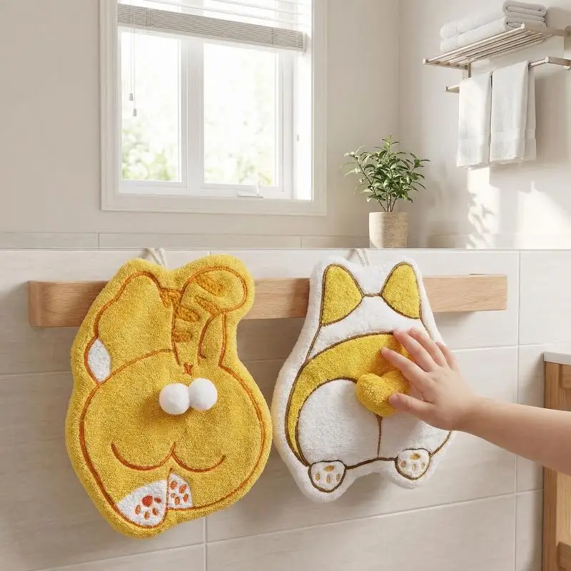 Hot Cute Cat Corgi Egg Butt Hand Towel Coral Fleece Velvet Absorbent Hanging Towel Quick-drying Thickened Handkerchief Washcloth
