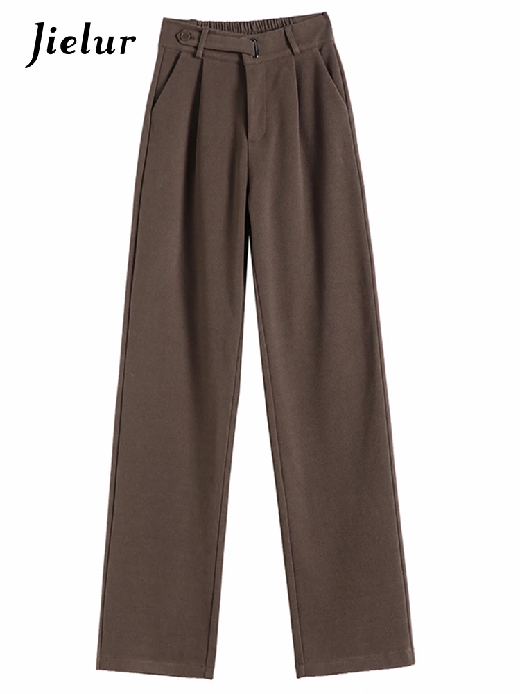 Jielur Winter Thick Loose Casual Female Wide Leg Pants Pure Color Chic Buttons Straight Slim Fashion Women Pants Black Apricot
