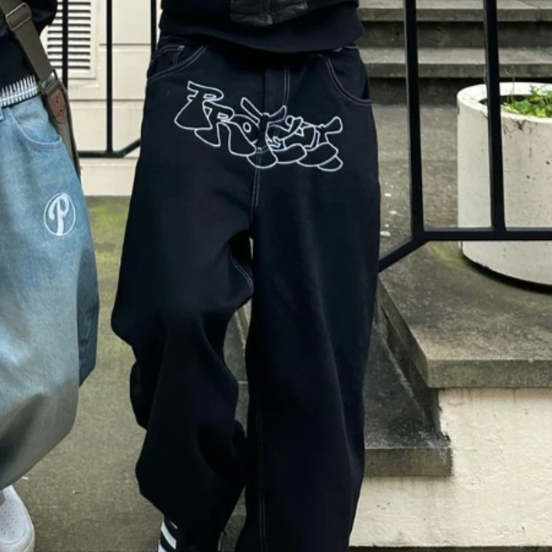 American Street Popular Letter Embroidery Jeans Men Y2K New Harajuku Style Hip Hop Wide-Leg Pants Couple Casual Vintage Jeans