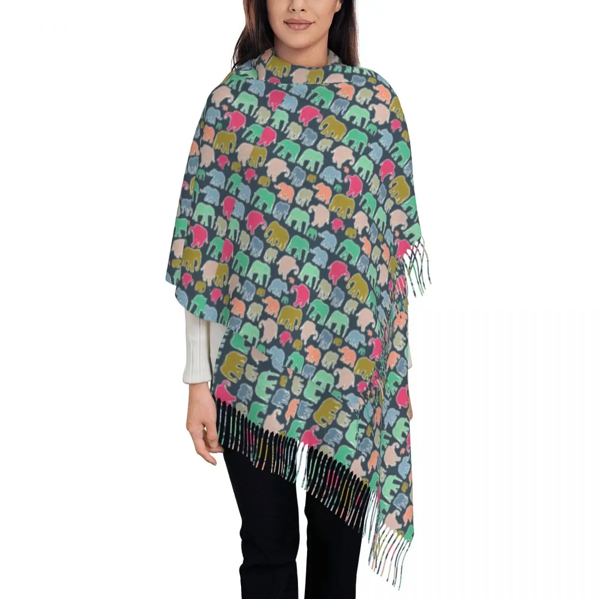 

Animal Silhouette Scarf Colorful Elephants Warm Soft Shawl Wraps with Tassel Women Casual Head Scarves Winter Custom DIY Bufanda