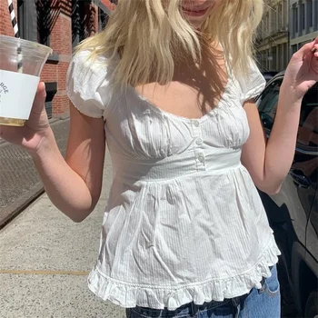 Camicie da donna Y2k Fairy Grunge collo quadrato manica corta in pizzo Patchwork Crop Top abbigliamento estetico Vintage 1