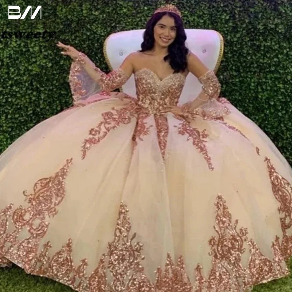 

Rose Gold Sparkly Quinceanera Prom Dresses Modern Sweetheart Lace Applique Sequins Ball Gown Tulle Vintage Evening Party