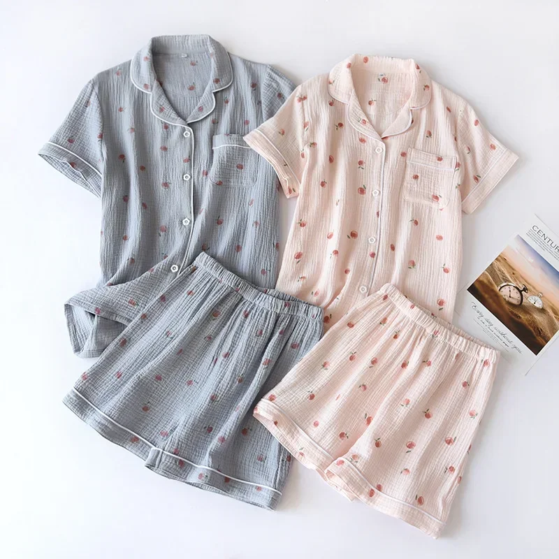 

2024 Summer ladies short-sleeved shorts pajamas set 100% cotton crepe cloth thin home service two-piece spring and autumn loose