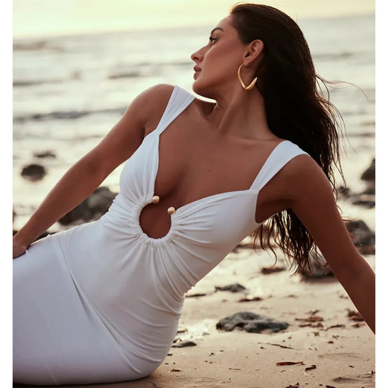 

Summer New Solid Color Slim Long Dresses Women Sexy Deep V-neck Backless Package Hip Slit Dress Female Fashion Beach Vestidos