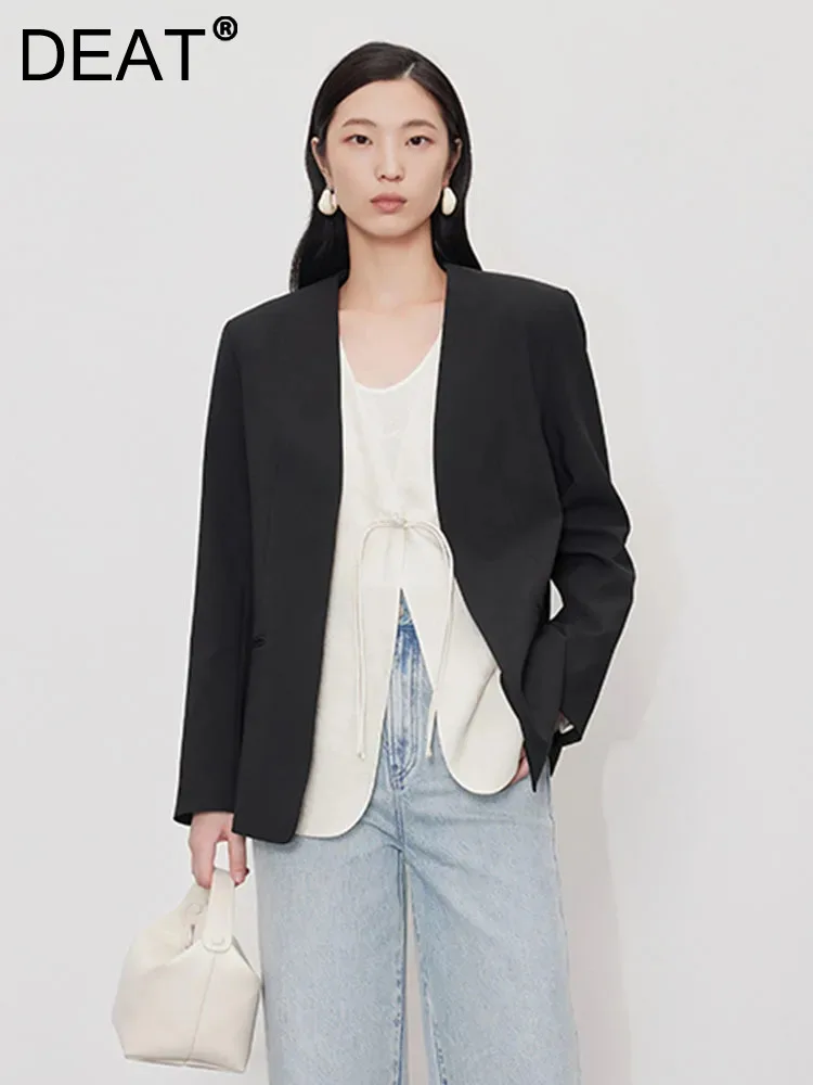 

DEAT Fashion Women's Blazer Long Sleeves Single Button Fake Two Piece Contrast Colors Suit Jackets Spring 2024 New Tide 7AB3711