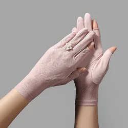 Spring Summer Women's Ice Silk Thin Lace Fingerless Anti-ultraviolet Sunscreen UV Gloves with Flower Driving Gloves Women