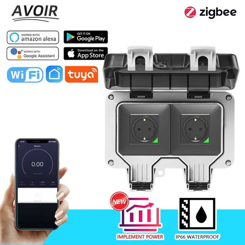 Avoir Tuya Zigbee Tomada Ip66 wi fi à Prova Impermeável Água ao ar Livre Inteligente Tomadas Elétricas da ue Soquetes com Temporizador à Prova de Intempéries Eletrodomésticos Enchufe Inteligente Wifi Enchufe Pared