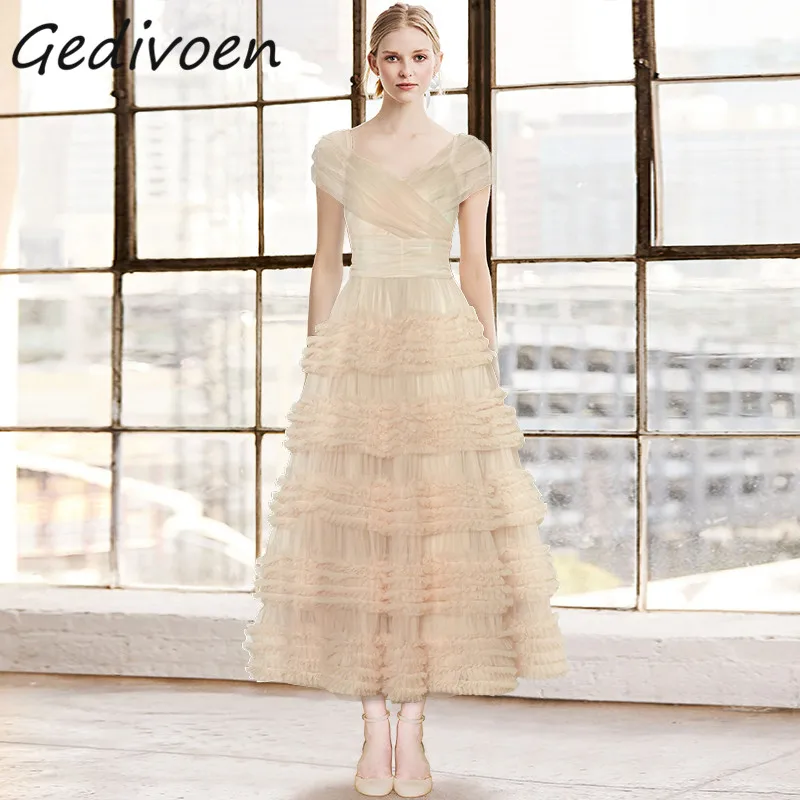 

Gedivoen Summer Fashion Runway Vintage Mesh Dress Women's V-Neck Ruched Cascading Ruffles Gathered Waist Temperament Long Dress