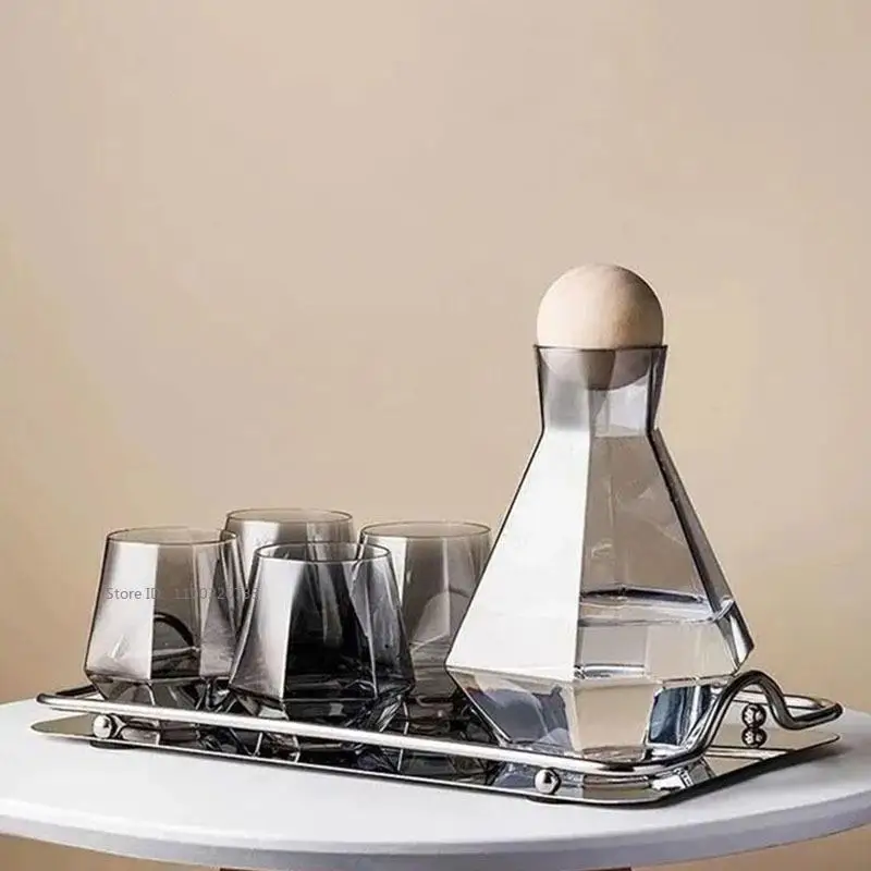 1 Set Luxury Diamond Shape Glass Water Kettle with Natural Wood Ball Lid Clear Cold Water Jug Juice Beverage Pitcher Home Drinkw