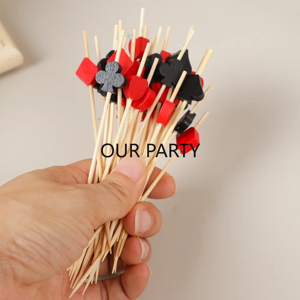 100 Stück Las Vegas Poker Thema Bambus Essen Cocktail Pick Casino Spielkarte Obst Gabeln für Jungen Geburtstag Spiel Nacht Party Dekor – Detail 5