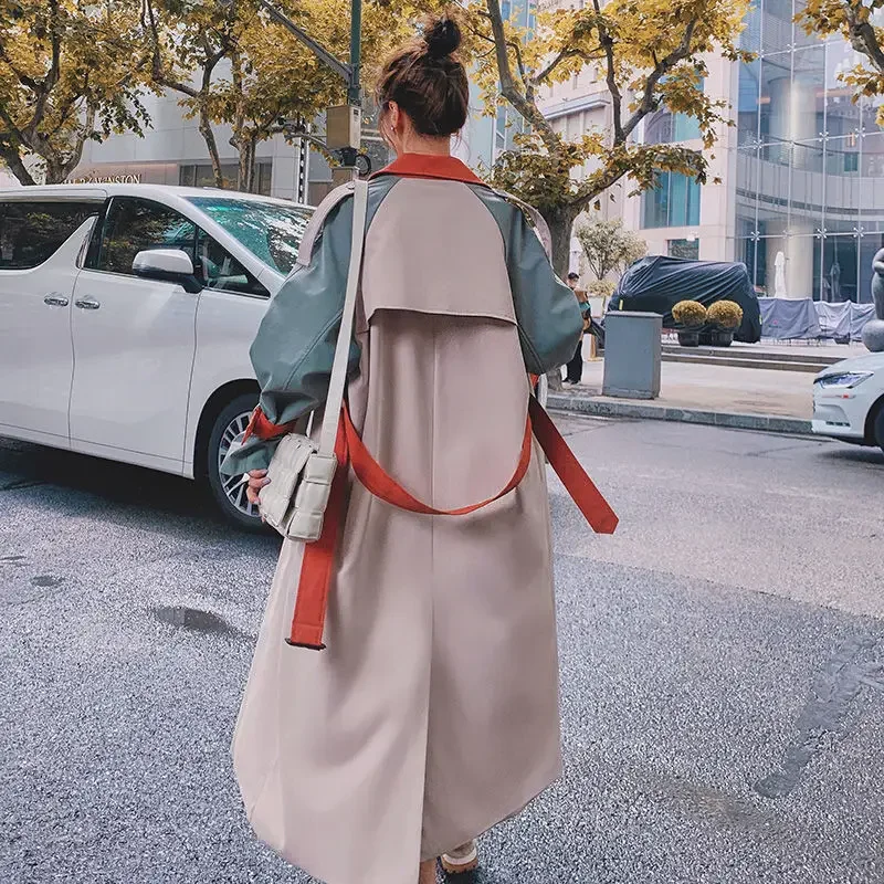 Women Spring Long Contrast Stitched Windbreaker 2024 New Patchwork Trench Windbreaker Casual Lady England Style Jacket Thin Coat